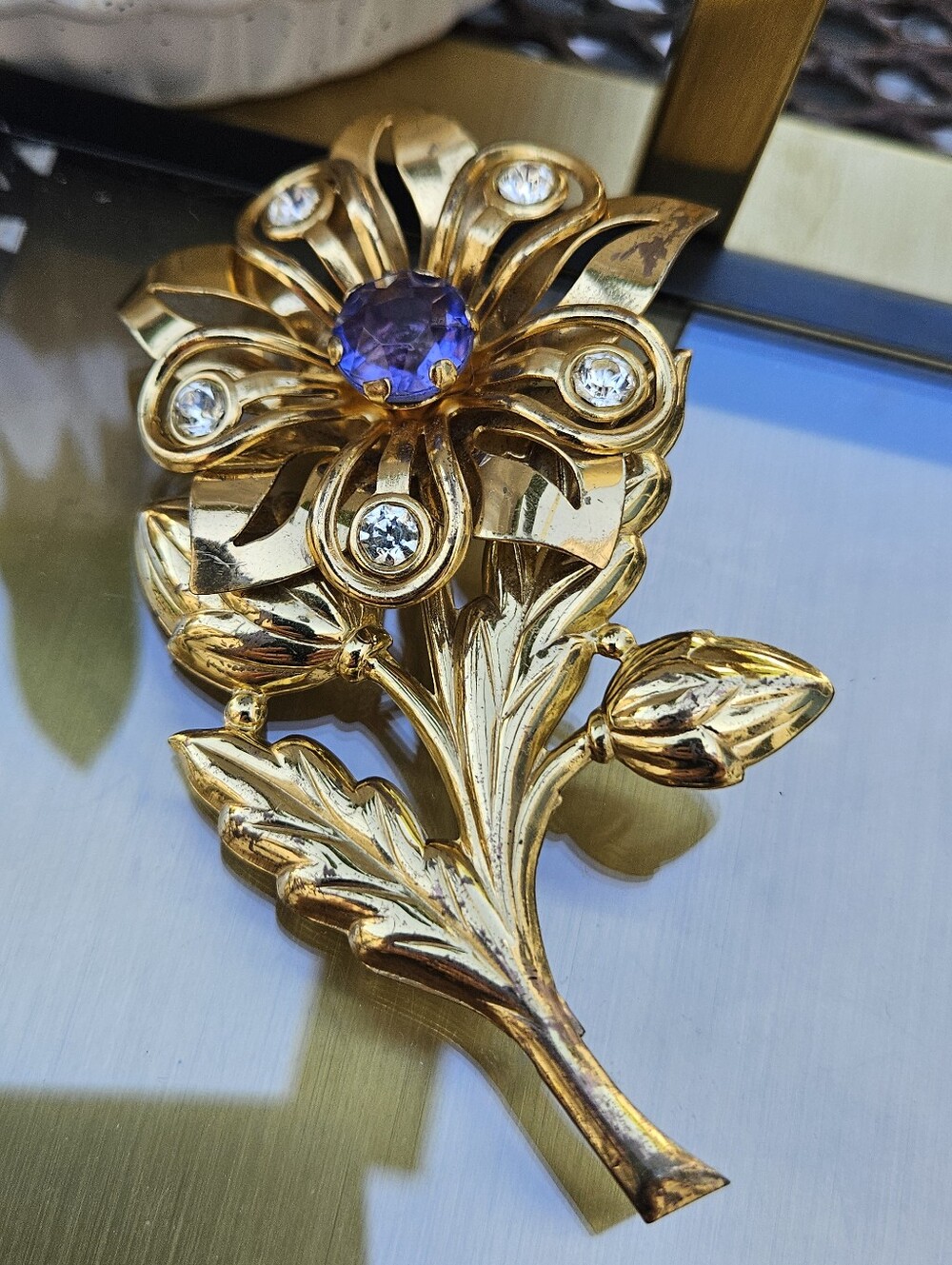 1940s Retro Gold Tone Floral Bouquet Brooch with Sapphire Blue Glass Center